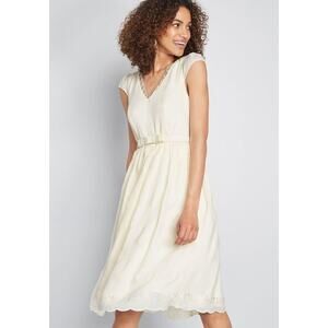 ModCloth Beautiful Union Embroidered Midi Cream Formal Wedding Dress 14 No Belt